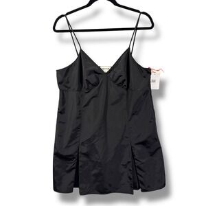 NWT Open Edit Black Spaghetti Strap Mini Dress with Side Slit Pleats Size L
